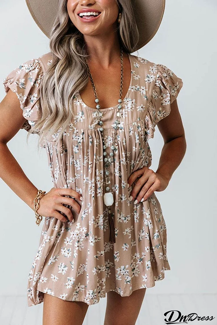 Khaki Ruffled Sleeve Floral Print Romper