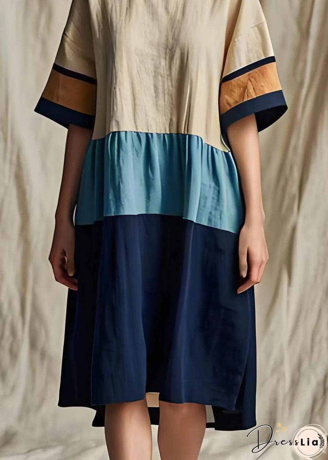 Women Colorblock O Neck Patchwork Cotton Dresses Summer