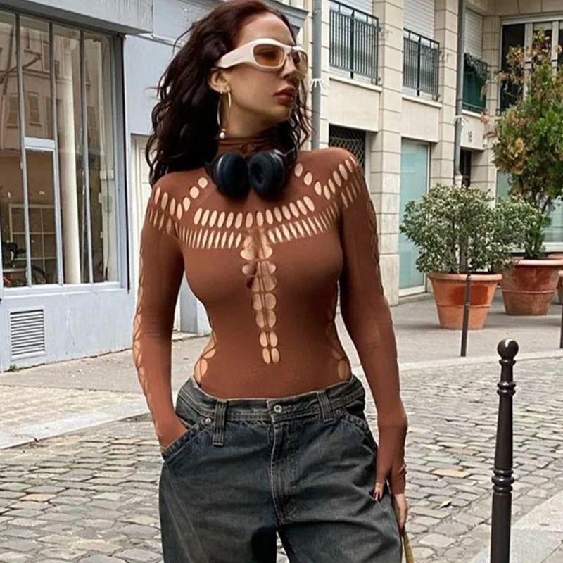 Brownm Brownm 2023 New Hot Girl Hollow Hole Spider Web High Collar Slim Onesie Woman