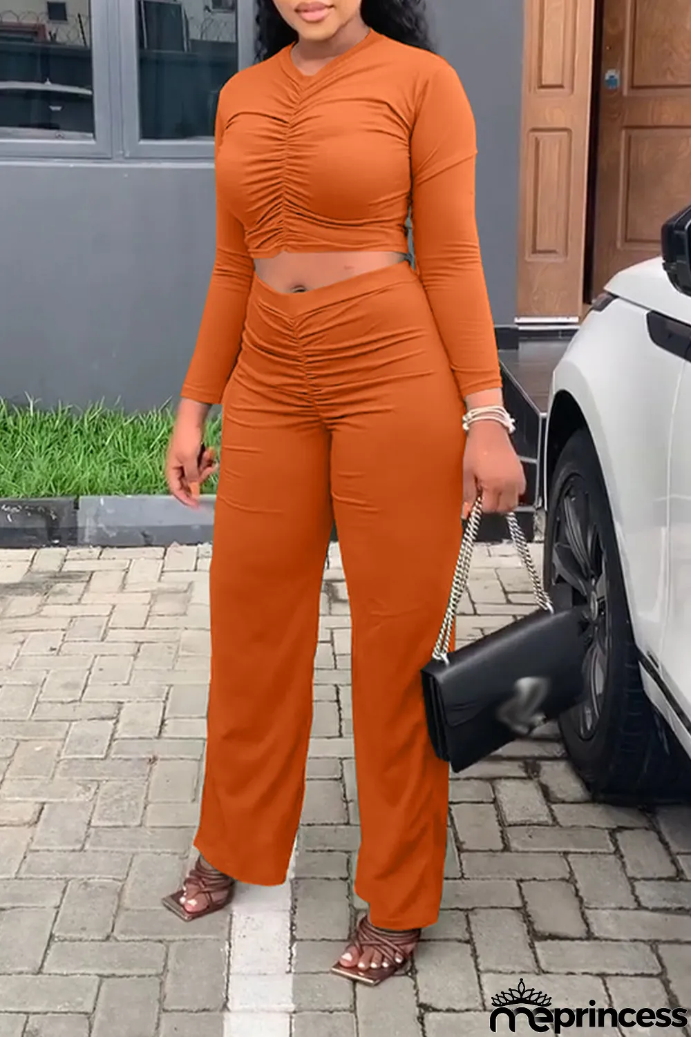 Orange Fashion Solid Fold V Neck Long Sleeve Two Pieces