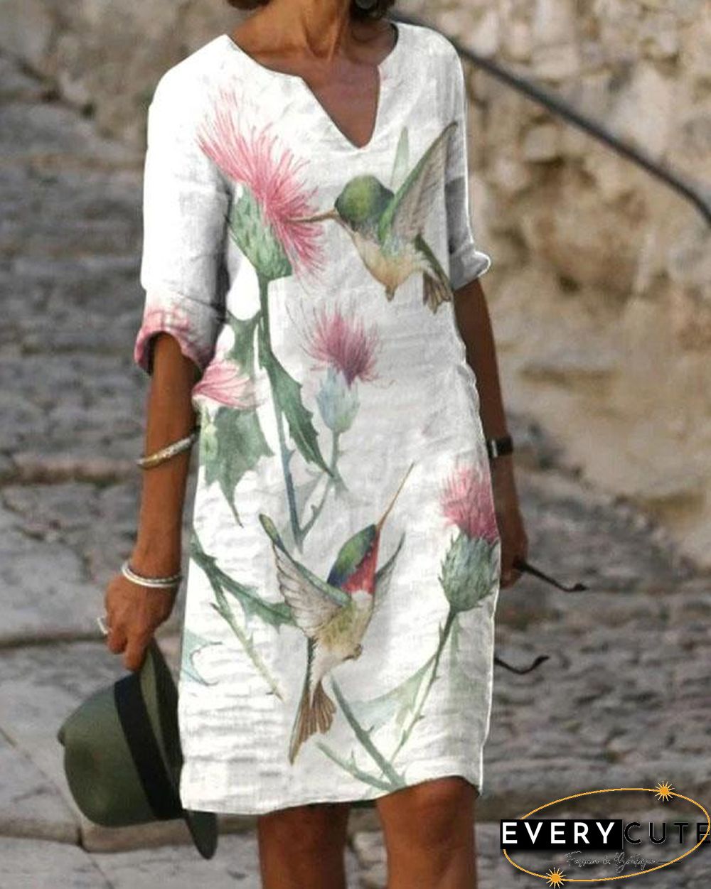 Ladies V-neck Printed Casual Shift Dress