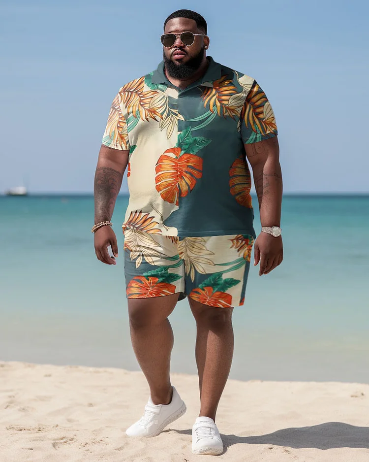 Men's Plus Size Hawaiian Color Block Maple Leaf and Apricot Shirt and Shorts Two-piece Set