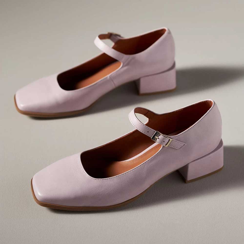 Classic Lavender Square Toe Block Heel Mary Jane Pumps for Women Nicepairs