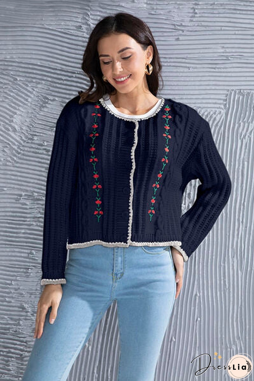 Graphic Cable-Knit Button Up Cardigan