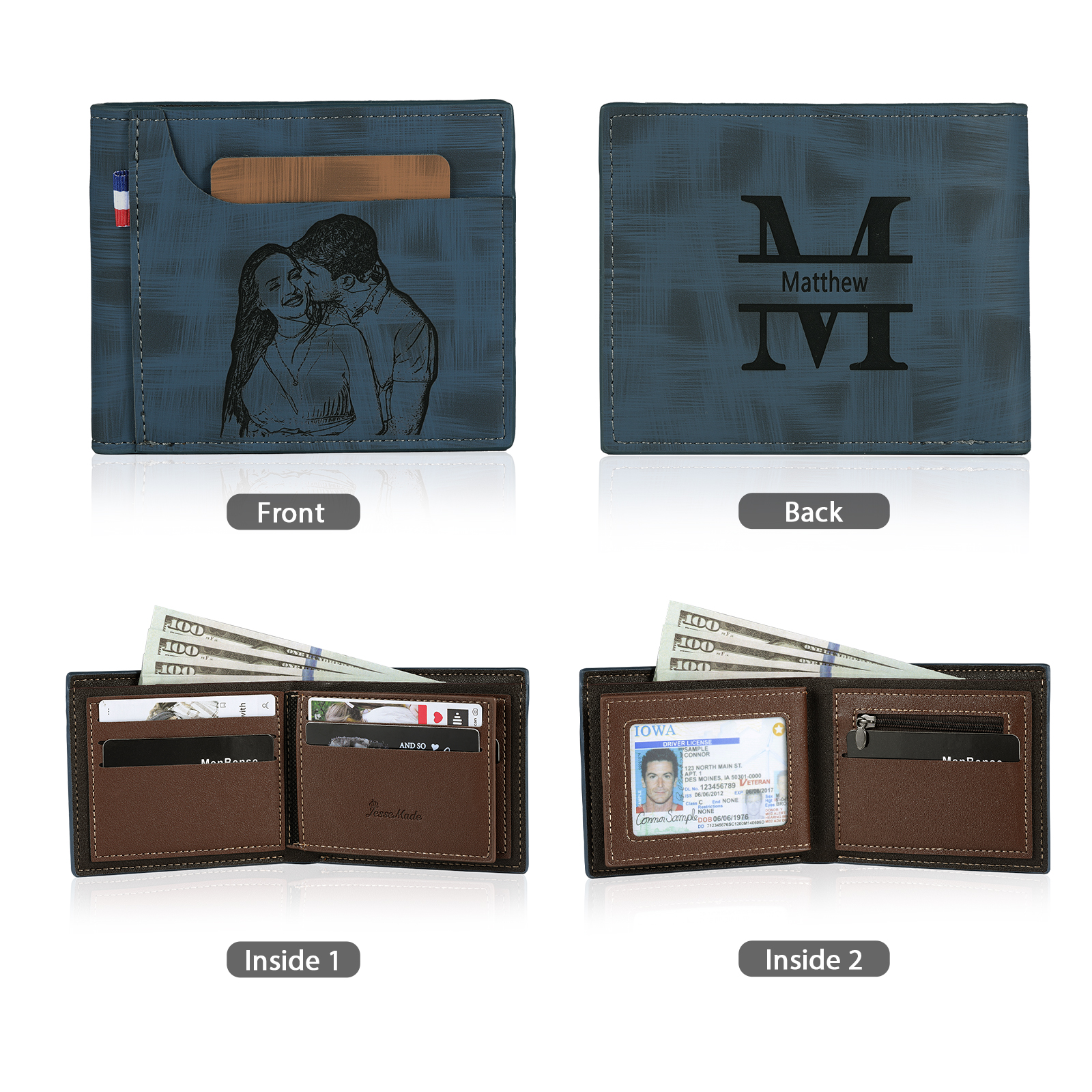 Portefeuille Classique 1 Prénom et Lettre Personnalisés avec Photo Porte-Monnaie Carte