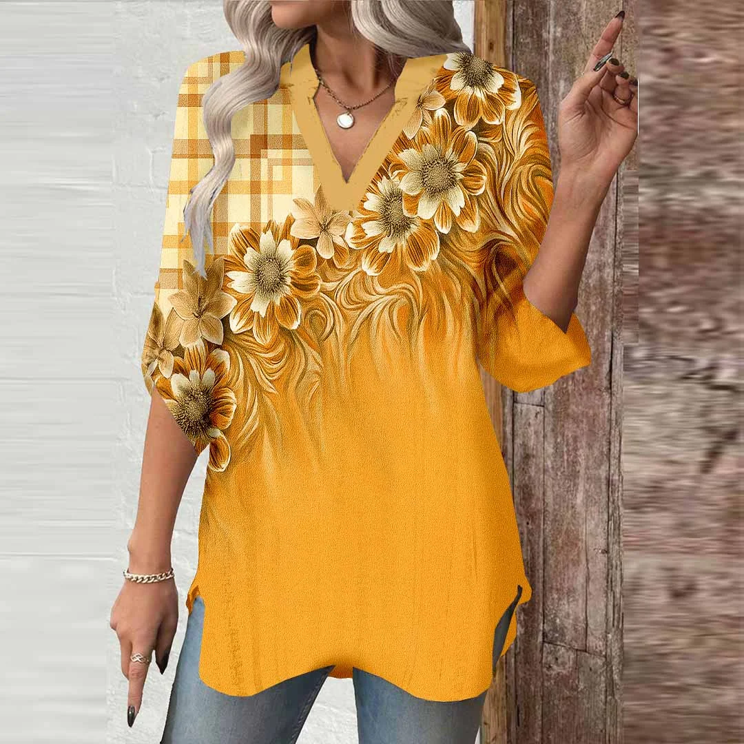 Women Floral, Yellow DZGA0657 3/4 Sleeve V-neck Printed Graphic Button Tops