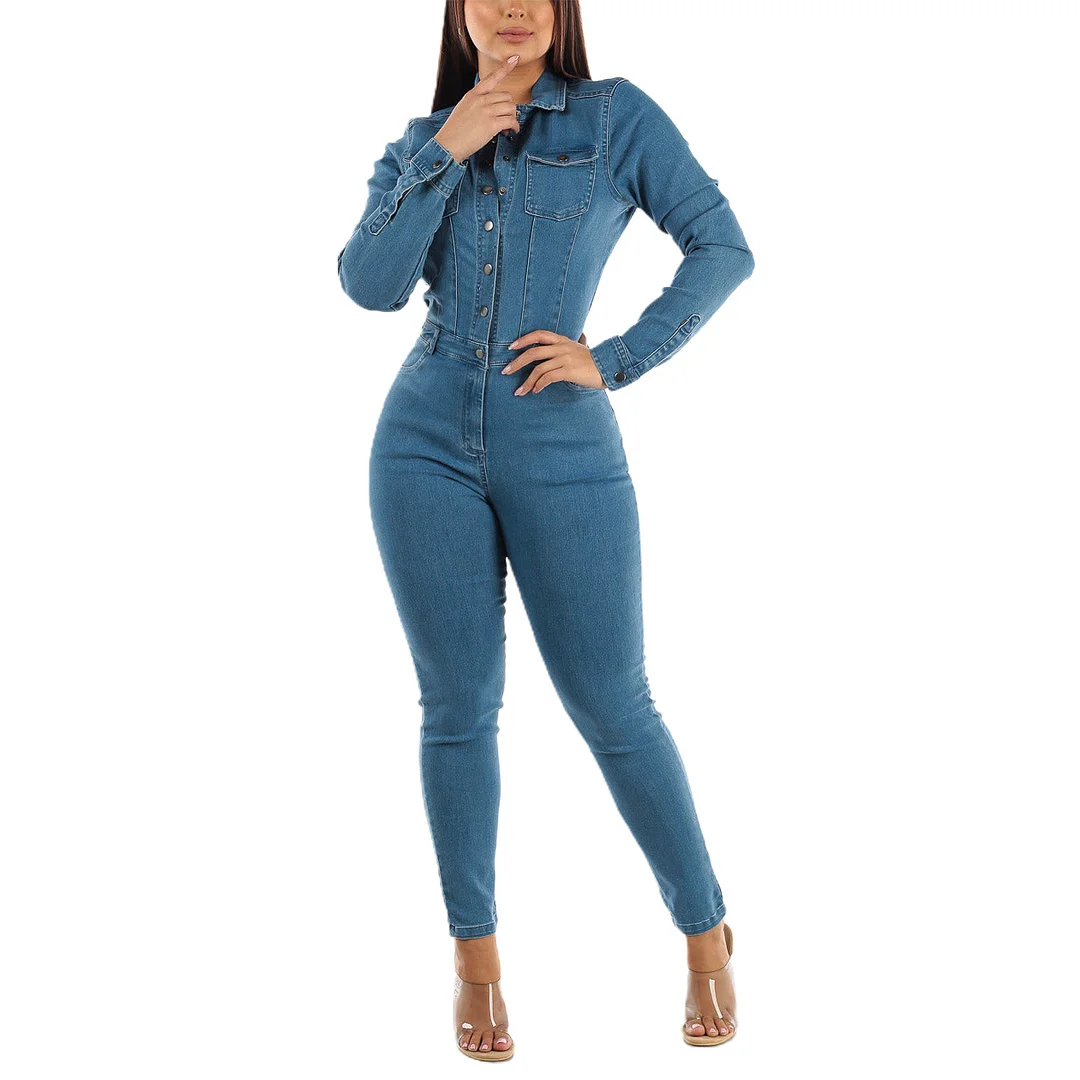 Women's Slim Fit Elastic Long Sleeved Skinny Denim Jumpsuit Overall