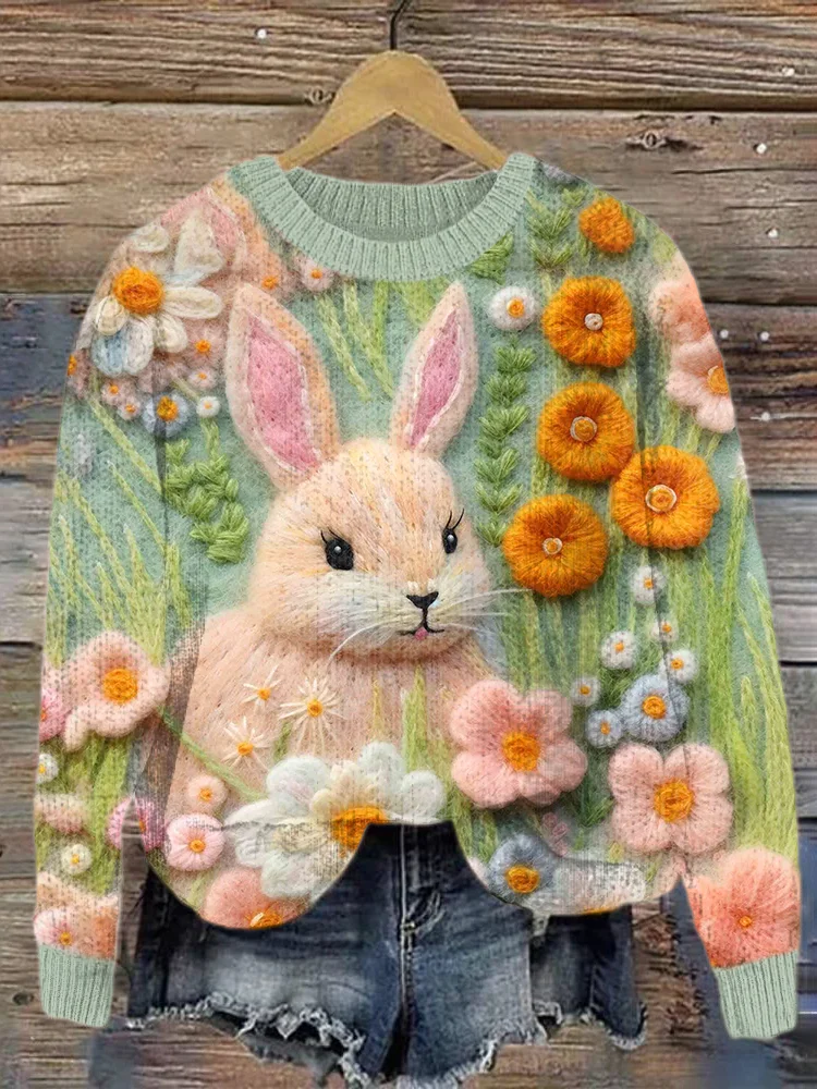 VChics Cute Bunny & Floral Felt Art Cozy Knit Sweater