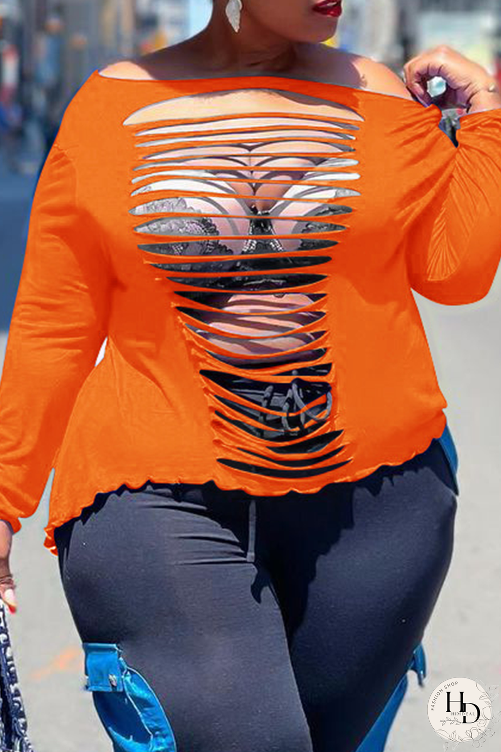 Tangerine Red Sexy Solid Ripped Off the Shoulder Plus Size Tops