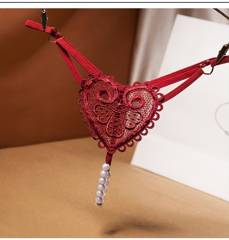 Vintage Love Heart Pearl Massuge Lace Thong Low Waist Transparent Sexy Underwear G-String Fashion Women Lingerie Panties Briefs photo