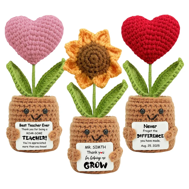 Custom Mini Positive Crochet Sunflower 3Pcs, Teacher Appreciation Flower Gift, Thank You Gifts for Women Mom Birthday, Positive Crochet Flower Heart with Card for Friend Coworker