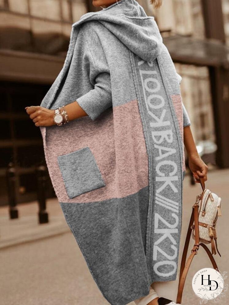 Coats Colorblock Pocket Hooded Long Cardigan Coat for Women
