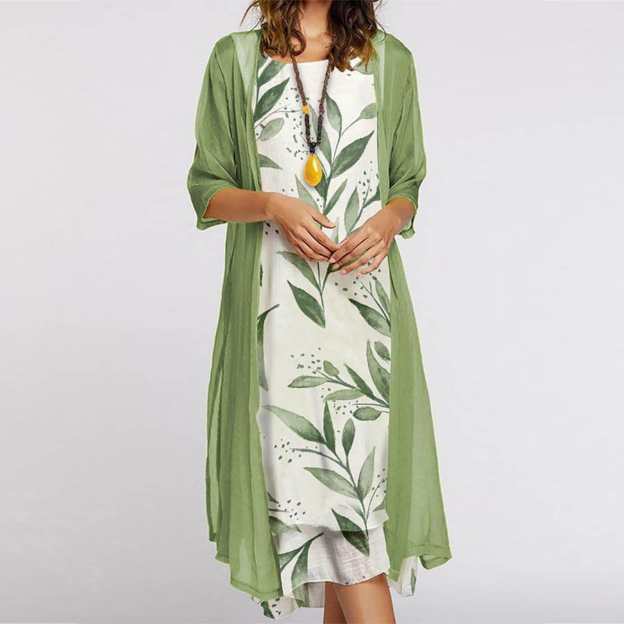 Women's Elegant Long Dress Two Piece Bamboo Leaf Print Round Neck Dress