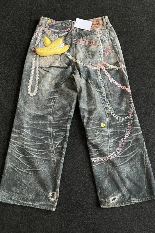 Punk Heavy Chain Print Floor-Length Denim Pants
