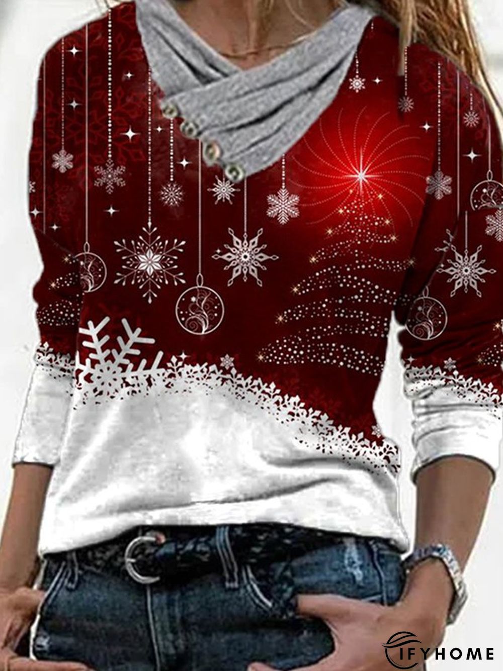 Christmas Printed Cowl Neck Casual T-shirt | IFYHOME