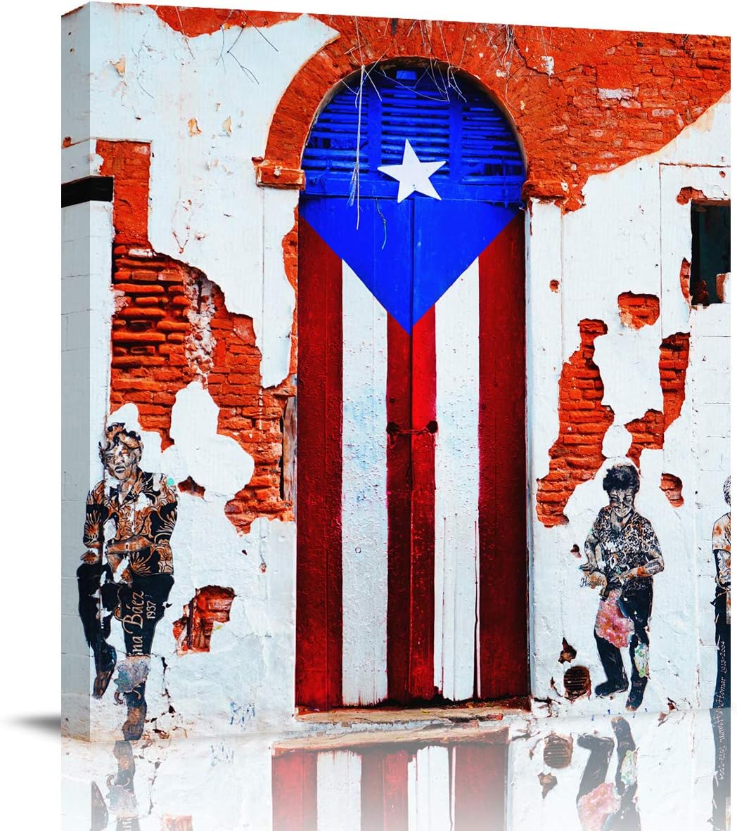 20 inch x20 inch  Canvas Prints Wall Art, Puerto Rico Flag Shabby Door and Wall Framed Wall Pictures for Bathroom Bedroom Living Room Decor, Giclee Canvas Painting Artwork Ready to Hang 20&#034;x20&#034;