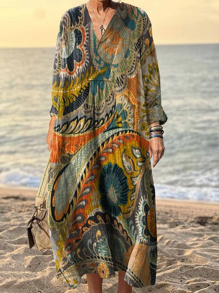 Women's Vintage Bohemian Ethnic Floral Art Pattern V Neck Long Sleeve Dress
