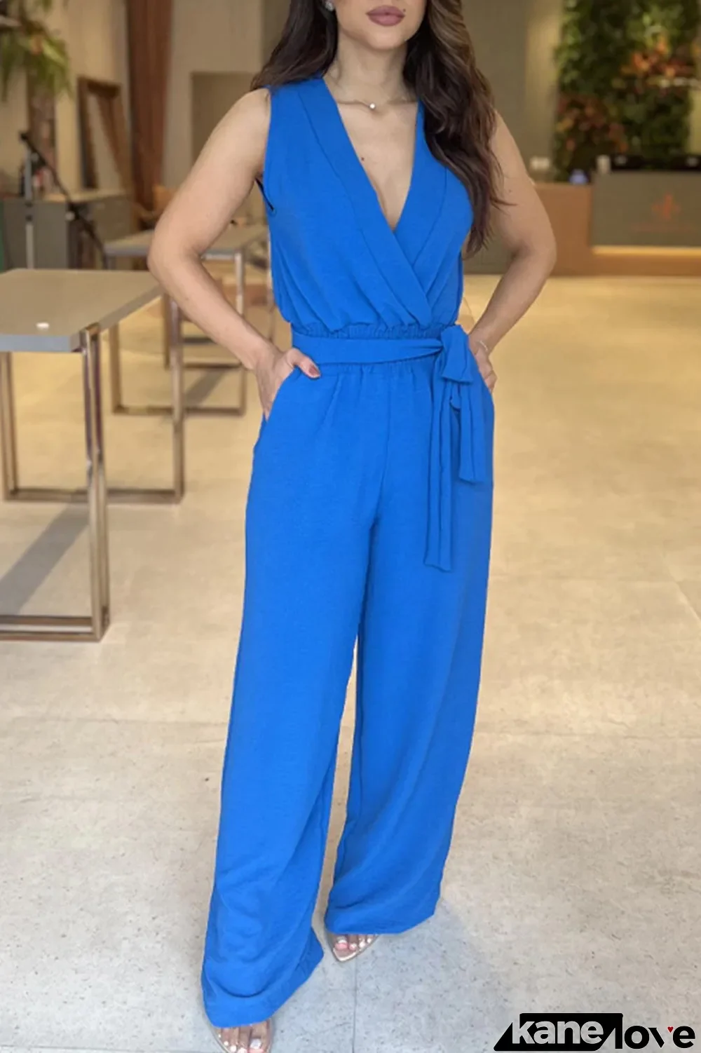 Sexy Elegant Solid With Belt V Neck Regular Jumpsuits