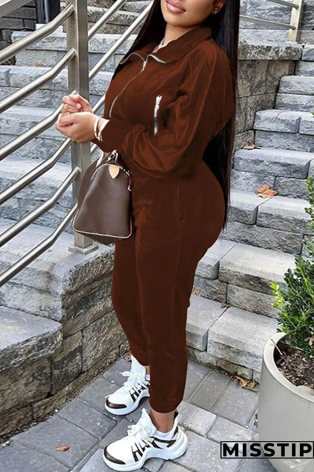 Burgundy Casual Solid Patchwork Zipper Zipper Collar Long Sleeve Two Pieces