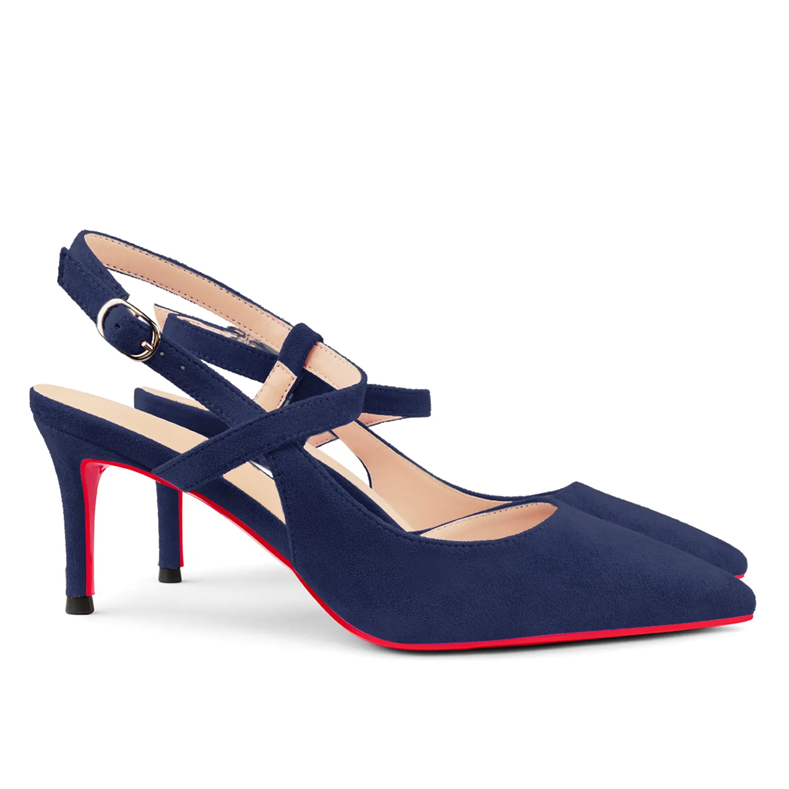 65mm Women Pumps Ankle Strap Jenlove Stiletto Slingback Suede Kitten Pointed Toe Dress Red Bottoms Heels-vocosishoes