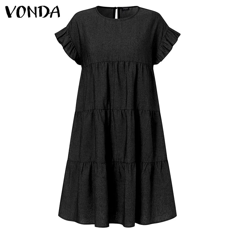 Women Denim Dress Summer Sundress 2022 VONDA Casual Short Sleeve Ruffled Dresses Summer Bohemian Party Vestidos