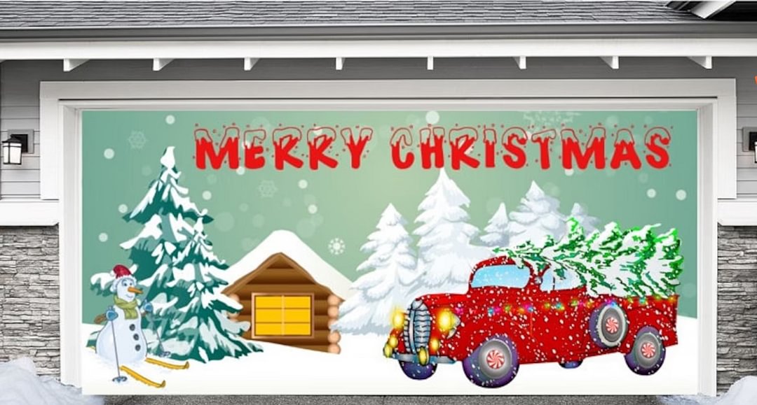 2  Size 7' H x 16' W,7' H x 8' W Garage Door Décor Merry Christmas | Garage Door Banner Christmas | Christmas Mural | Christmas Outdoor Decoration