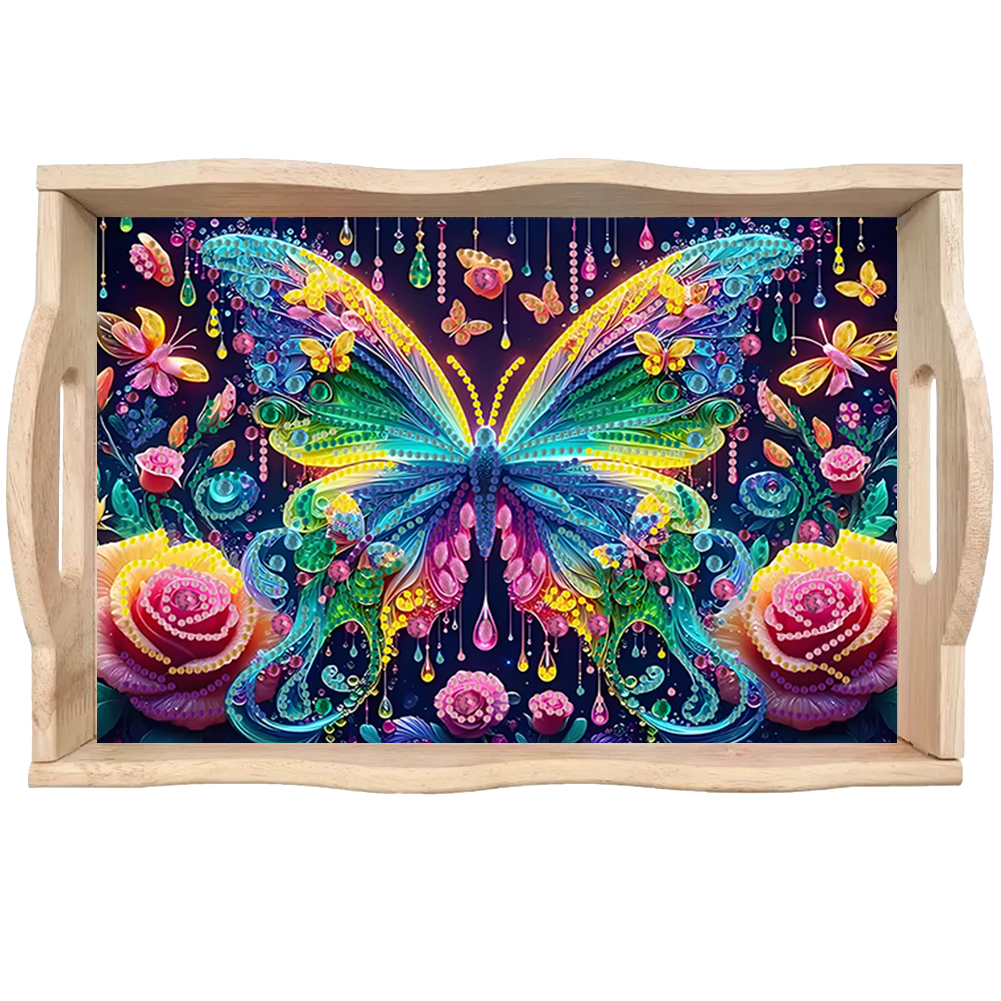 Butterfly Diamond Painting Wooden Serving Tray with Handles Home Decor (D)