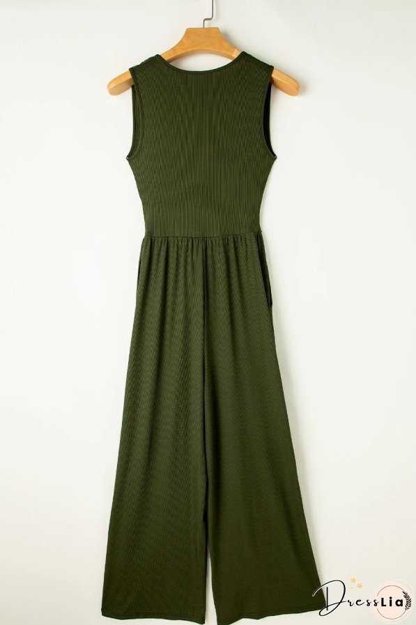 Moss Green Sleeveless V Neck Ruched Wide Leg Jumpsuit