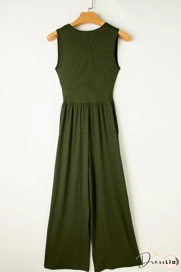 Moss Green Sleeveless V Neck Ruched Wide Leg Jumpsuit