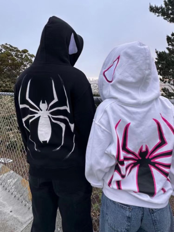Gothic Dark Oversized Spider Print Zip-up Hoodie