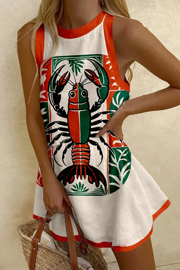 Contrast Lobster Print Sleeveless Resort Mini Dress