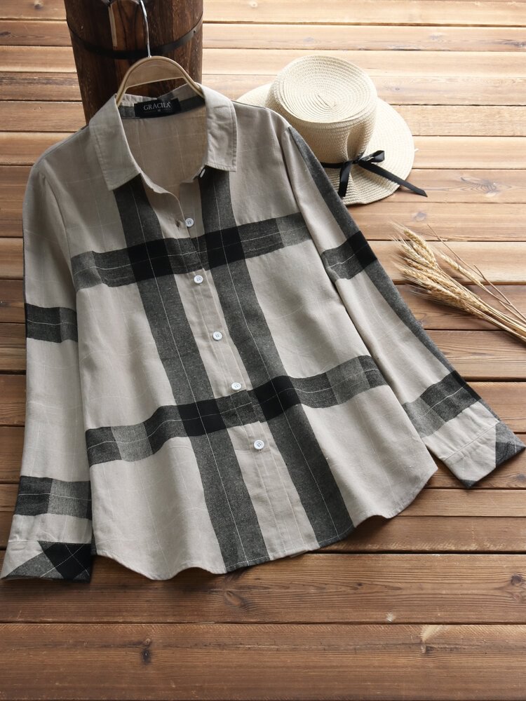 Vintage Plaid Long Sleeve Turn-down Collar Shirts - Life is Beautiful for You - SheChoic