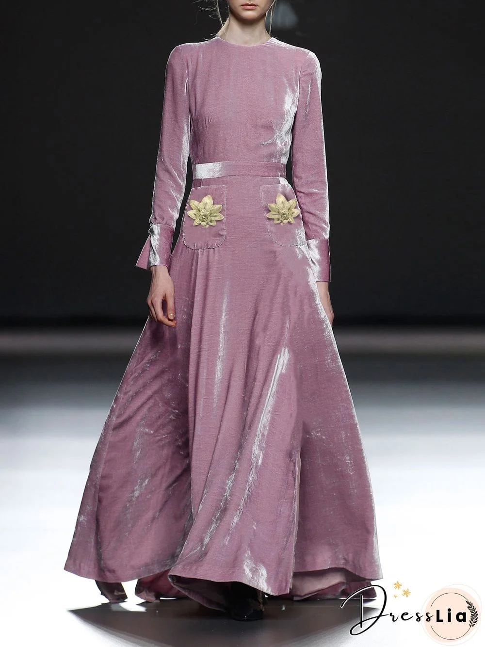 Pattern Pocket Velvet Floor-Length Dress