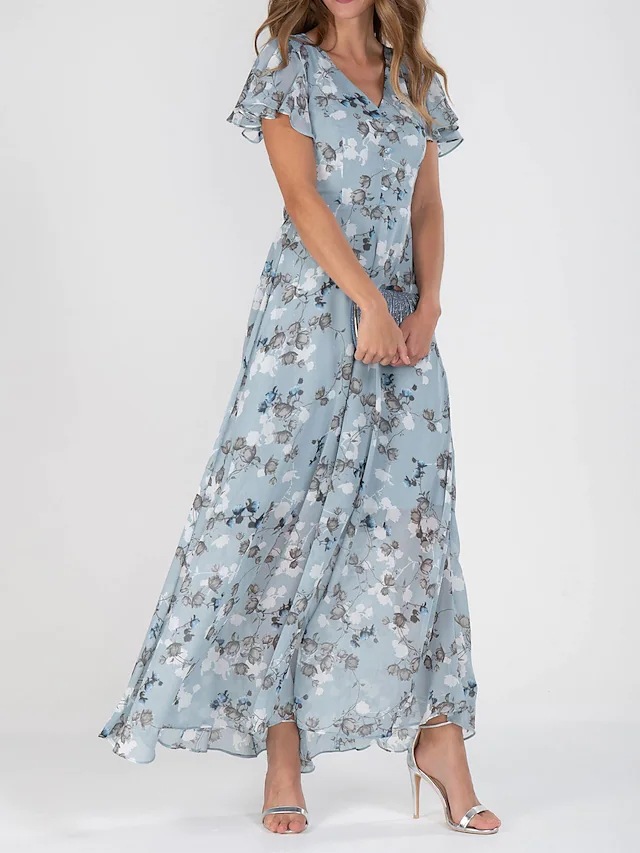 Mature Women Casual Summer Short Sleeve Fashion Ruffle Beach Dress