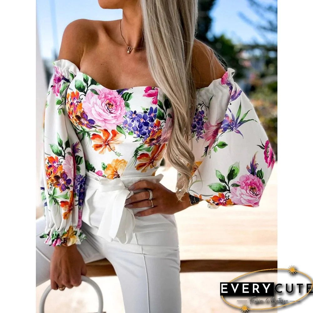 White Floral Print Off Shoulder Puff Sleeves Tops