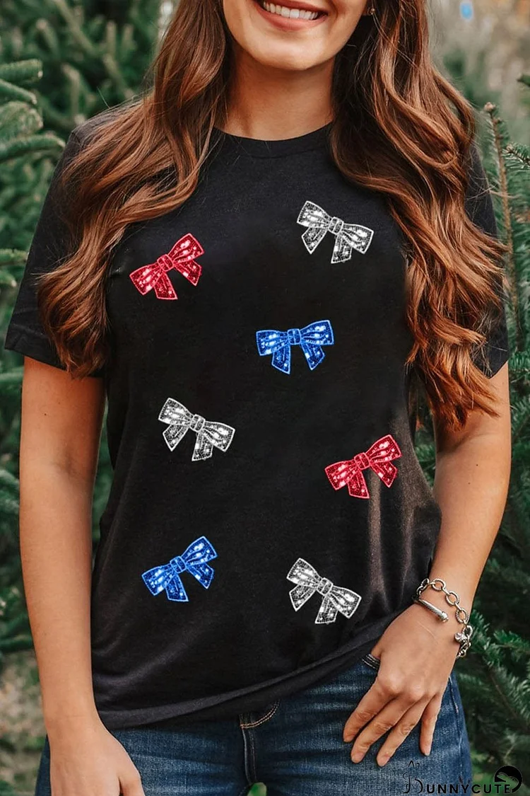 Sparkling Independence Day Bow Graphic Tee in Midnight Black