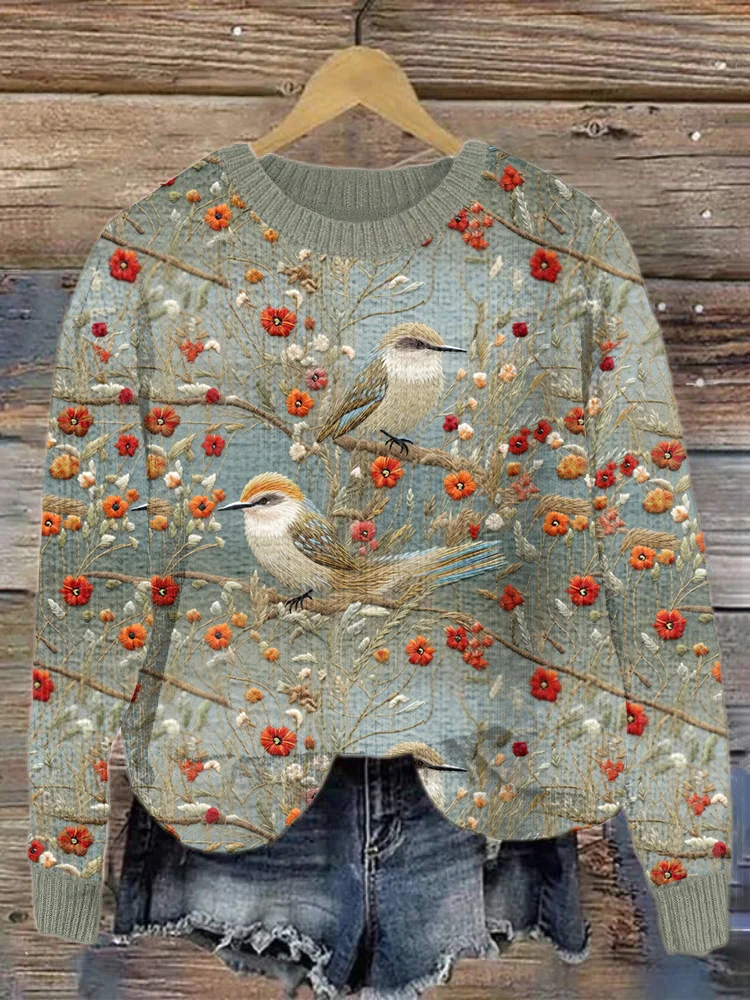 Comstylish Birds & Flowers Embroidery Art Cozy Knit Sweater