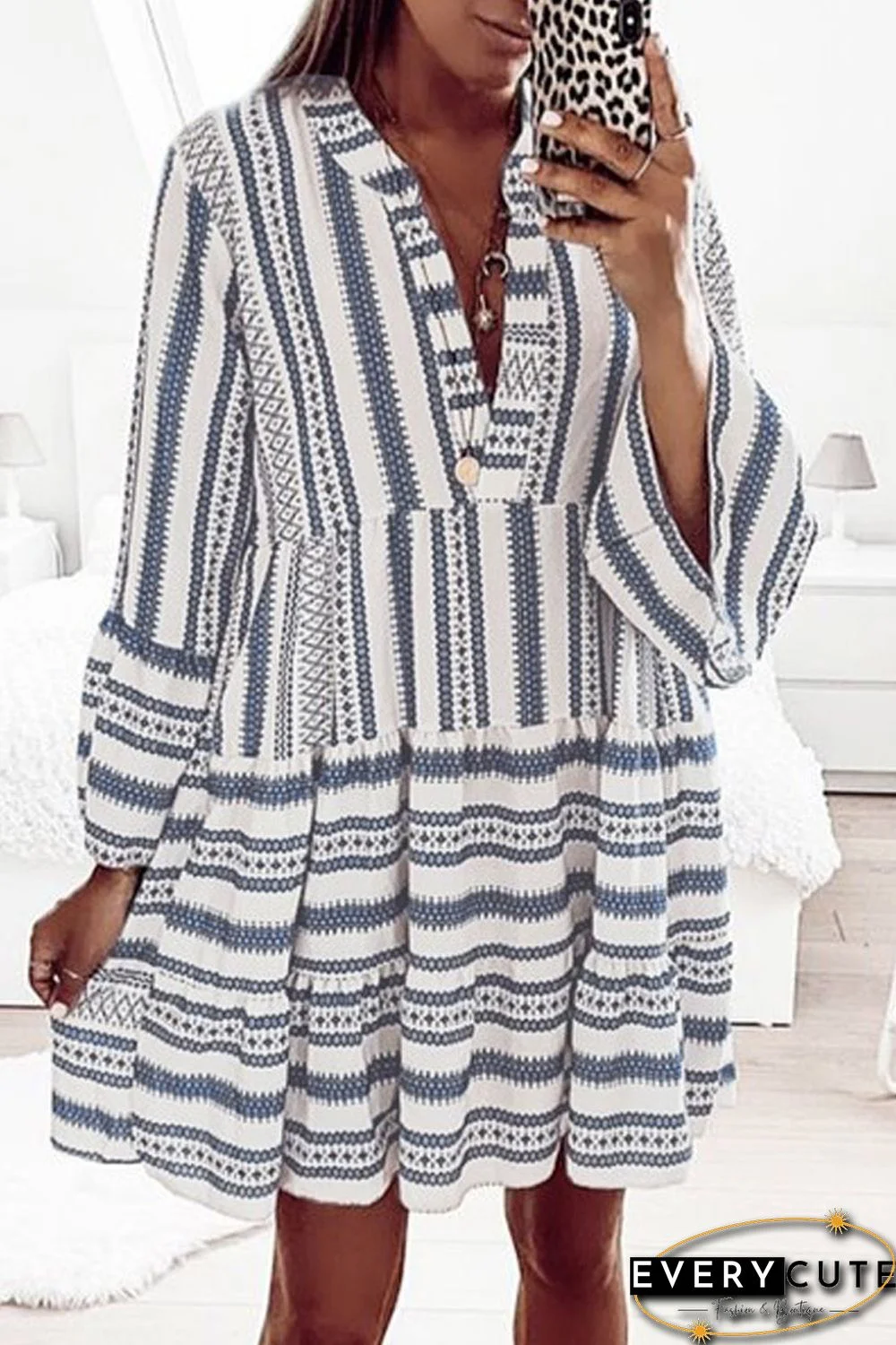 Sky Blue Geometric Print V neck Flare Half Sleeve Ruffle Swing Mini Dress