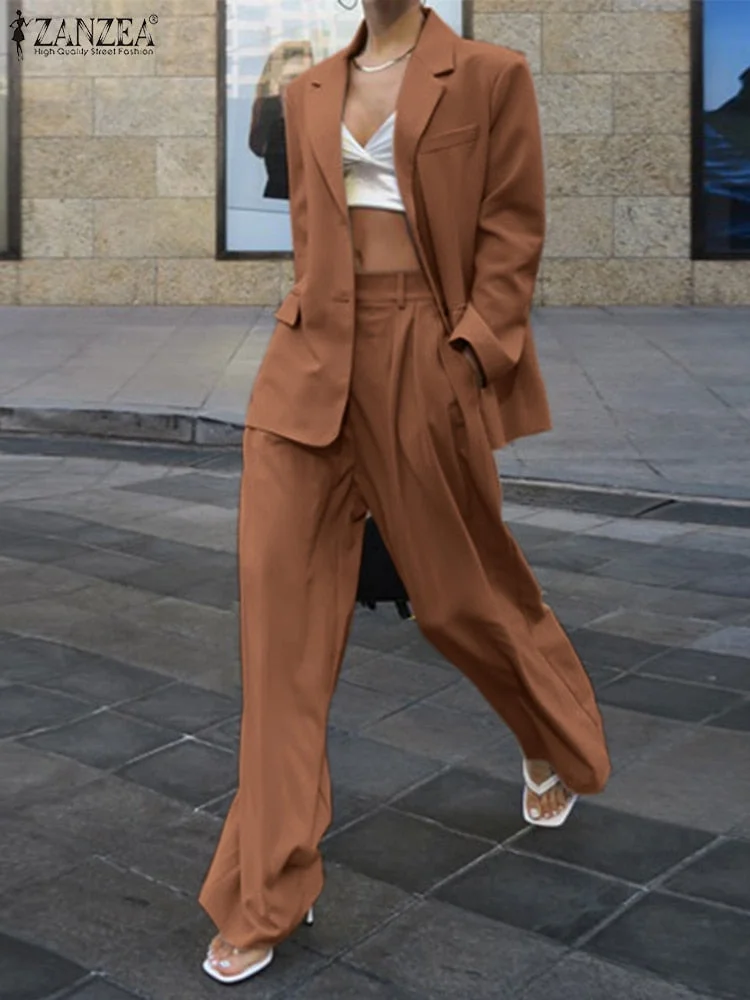 Two Piece Sets Womens Outifits ZANZEA Spring Urban Tracksuit Elegant Blazer Suits Fashion Long Sleeve Tops Wide Leg Pants Sets
