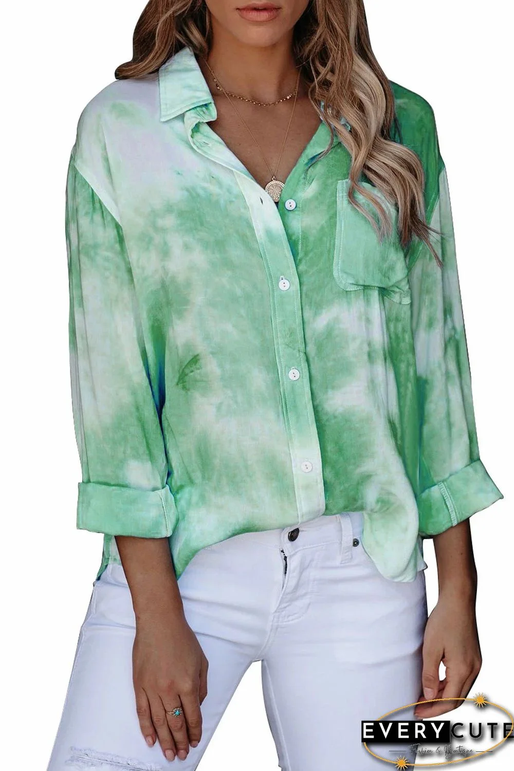 Green Whirlwind Tie Dye Button Shirt with Pocket