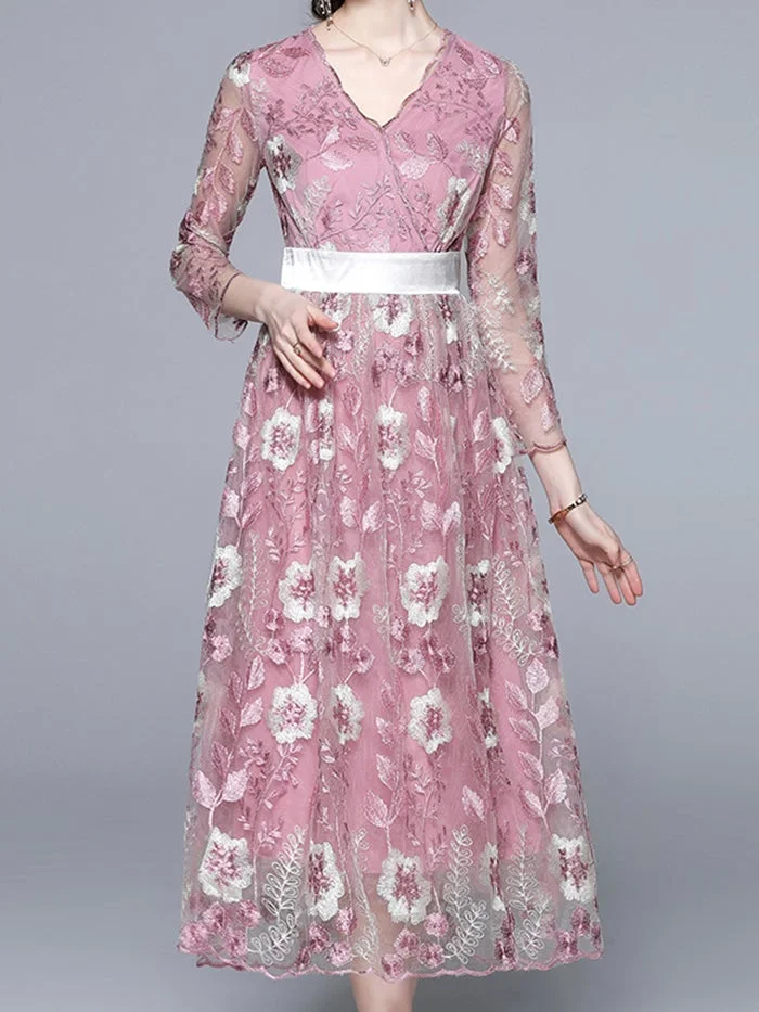 V-neck Mesh Embroidered Floral Dress