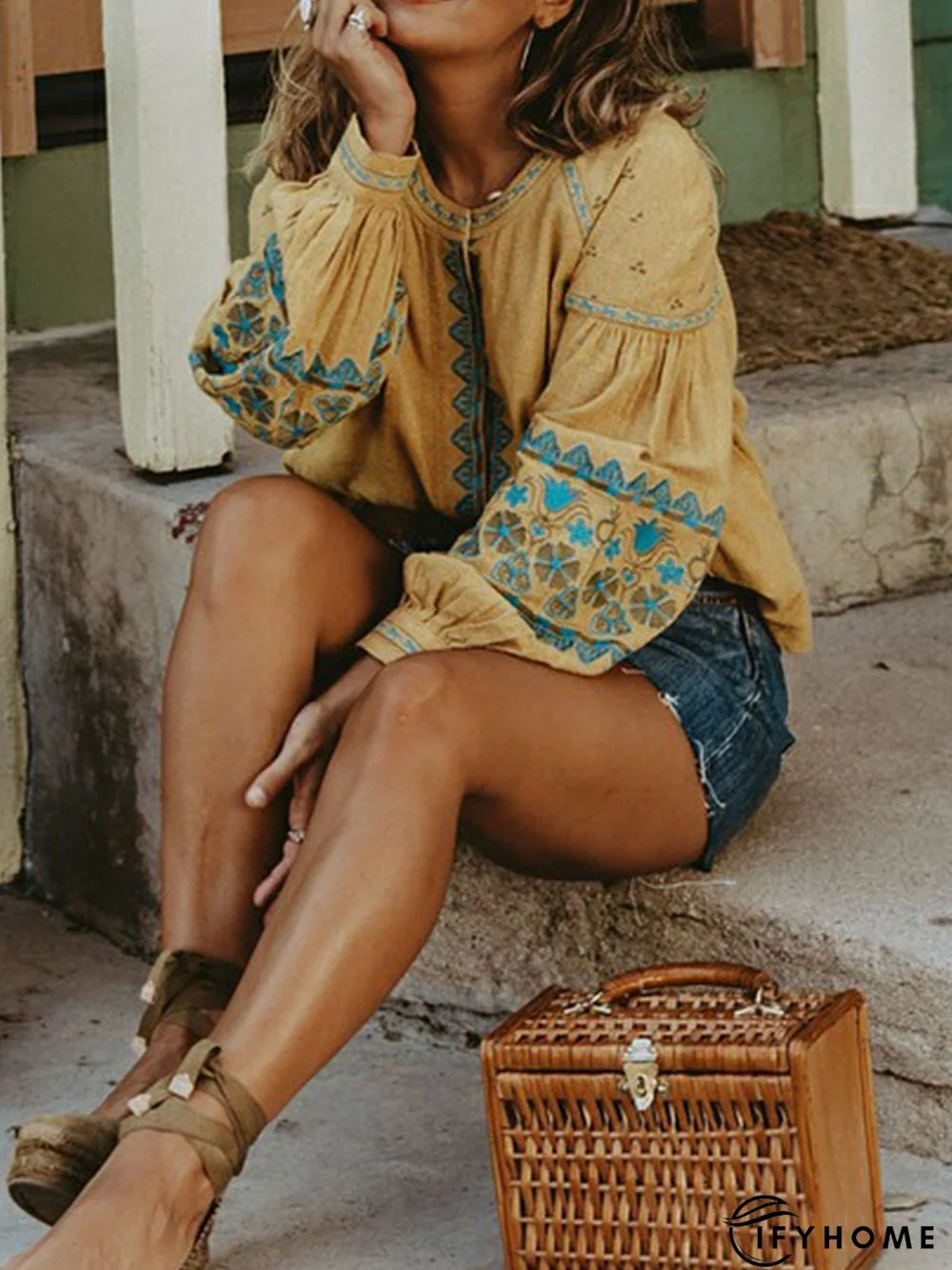 V Neck Long Sleeve Linen Vintage Blouse | IFYHOME