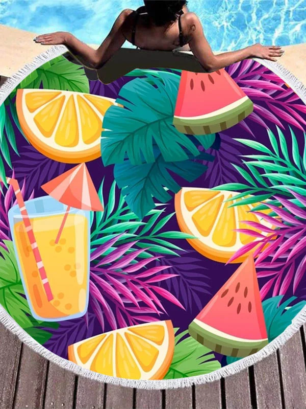 Color Fruit Print Round Shape Tasseled Soft Beach Mat