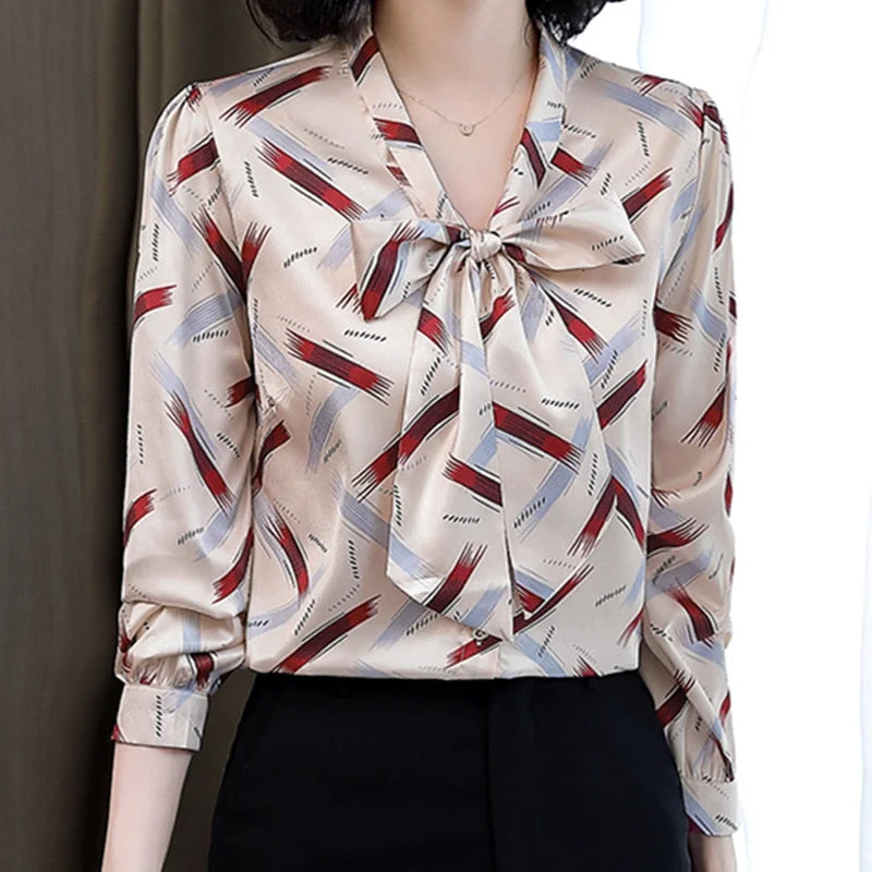 tlbang Silk Blouses Women Satin Print Blouse Women Long Sleeve Shirts Woman V-neck Silk Blouses Ladies Floral Blouse for Women