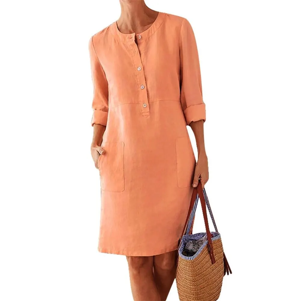 Plus Size 5XL Casual Solid Color Cotton Linen Women Long Sleeve Tunic Kaftan Dress length vestidos summer dresses