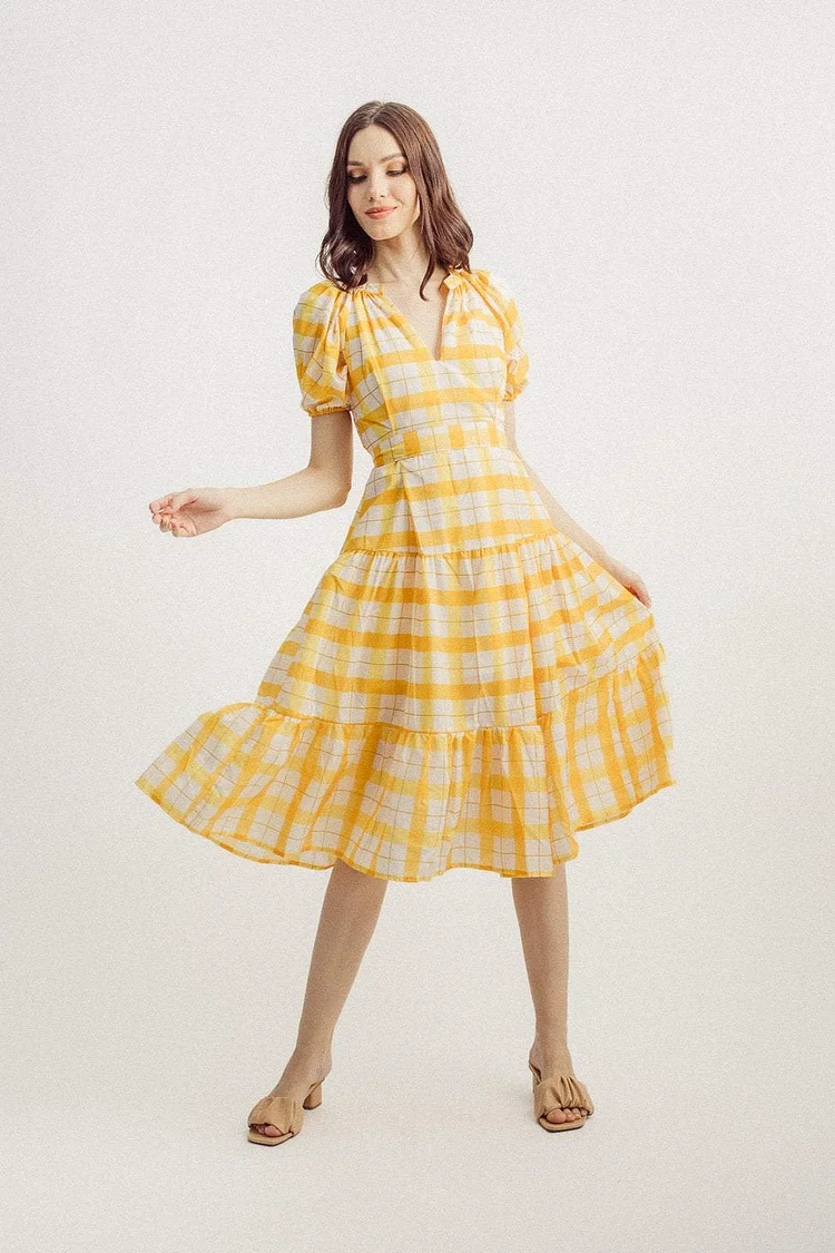 Lantern Sleeve V-neck Lattice Midi Dress Yellow