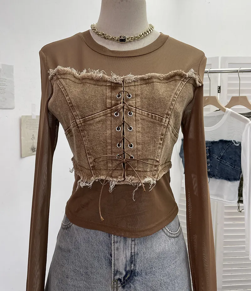 Churchf Vintage Babes Cowboy Spliced Tiring Strapped With Long Sleeves Short Mesh T-Shirt 2639