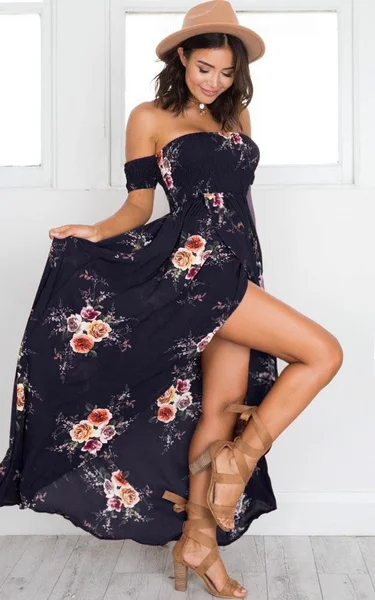 S-5XL Boho Style Womens Sexy Off Shoulder Floral Print Dress Summer Beach Maxi Dresses