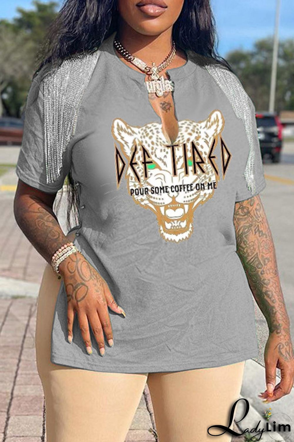 Coffee Fashion Casual Print Tassel Patchwork V Neck T-Shirts