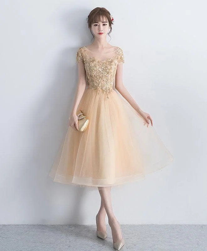 Champagne Round Neck Tulle Lace Short Prom Dress